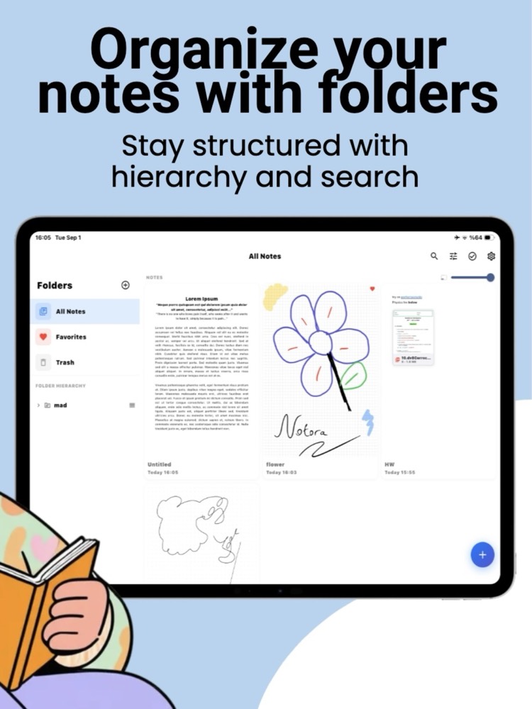Noteora library view with a folder sidebar showing All Notes, Favorites and Trash next to a grid of note previews.
