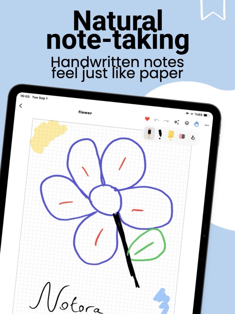 A handwritten note in Noteora with a coloured flower sketch on grid paper and the pen toolbar visible.