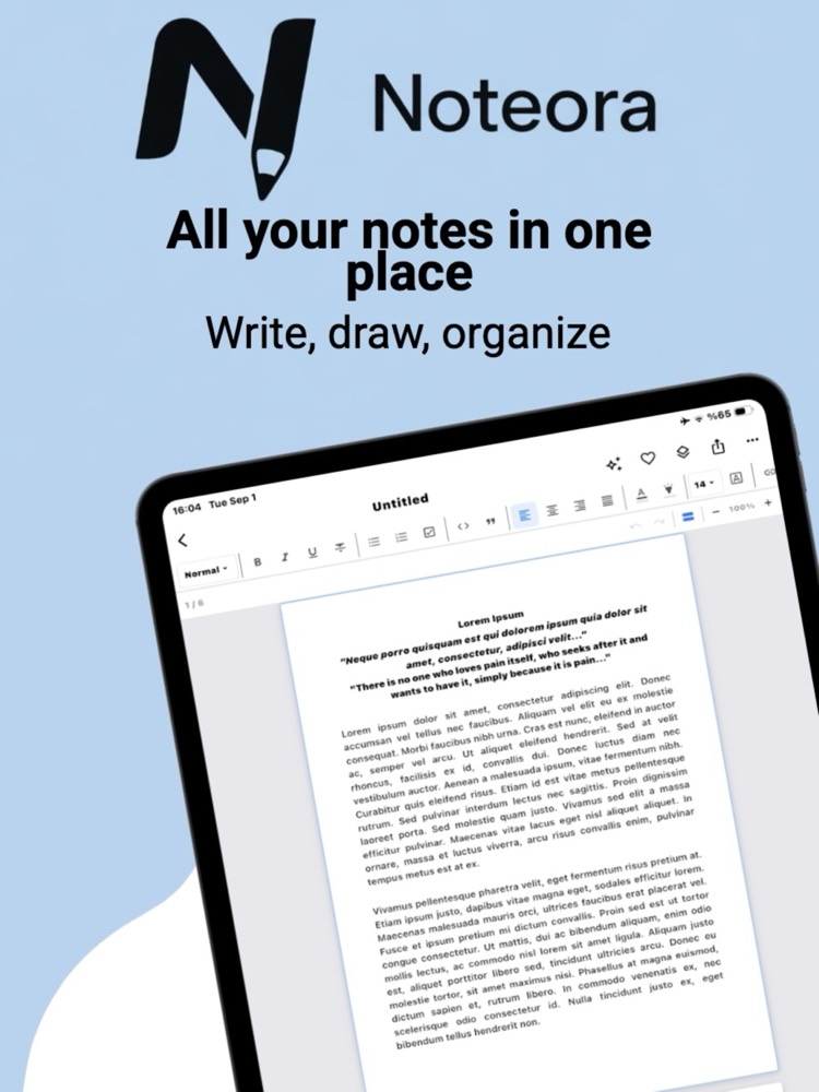 Noteora on iPad showing a typed note titled Untitled open in the editor with formatting toolbar.