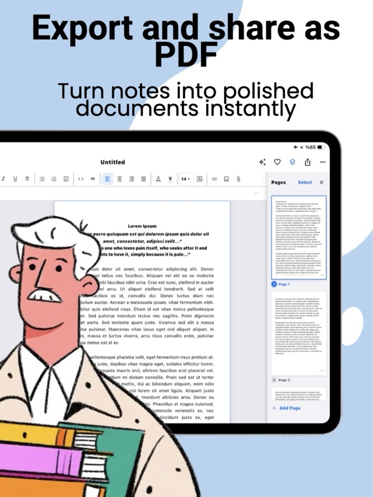 Noteora editor with the Pages side panel open, showing page thumbnails and an Add Page button before exporting.