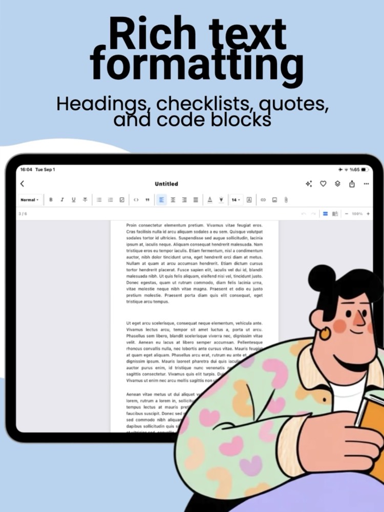The Noteora rich text toolbar with heading, list, quote, code, alignment and font size controls above a document page.